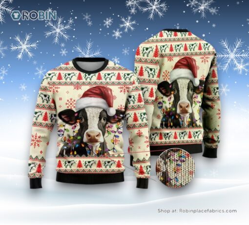 Light Santa Cattle Ugly Christmas Sweater For Men Women, Christmas Gift, Farmers Sweater
