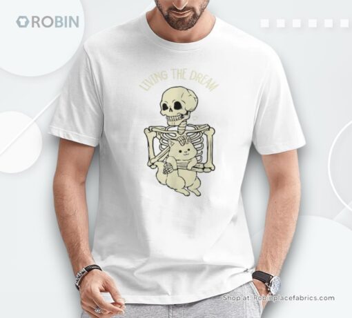 Living With Dream Skeleton Hug Cat Heart Halloween Shirt