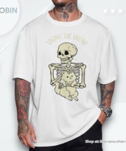 Living With Dream Skeleton Hug Cat Heart Halloween Shirt