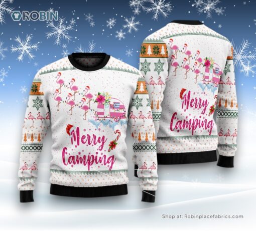 Merry Camping Flamingo Ugly Christmas Sweatshirt, Sweater