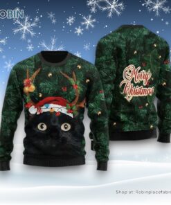 Merry Christmas Black Cat In Pine Tree Christmas Sweater, Christmas Gift For Cat Love