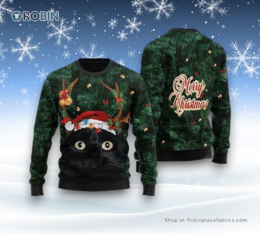 Merry Christmas Black Cat In Pine Tree Christmas Sweater, Christmas Gift For Cat Love