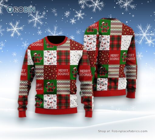 Merry Dogmas Paws Patchwork Pattern Ugly Christmas Sweater, Christmas Gift For Dog Love