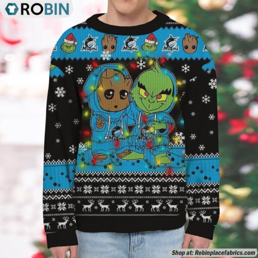 MLB Miami Marlins Baby Groot And Grinch Best Friends Ugly Christmas Sweatshirt & Sweater