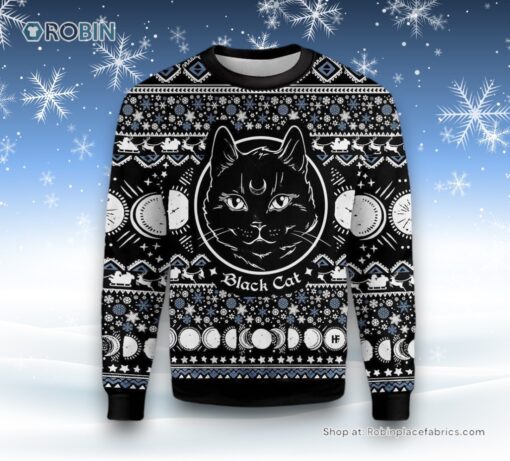 Moon Phase Cute Cat Christmas Wicca Ugly Christmas Sweater, Christmas Gift For Cat Love