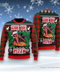 Naughty Pizza Cat With Laser Eyes Give Me Pizza Ugly Christmas Sweater, Christmas Gift For Cat Love