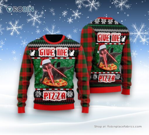 Naughty Pizza Cat With Laser Eyes Give Me Pizza Ugly Christmas Sweater, Christmas Gift For Cat Love