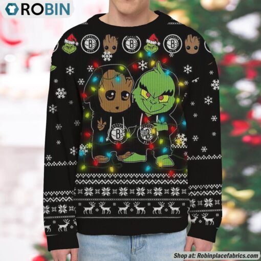 NBA Brooklyn Nets Baby Groot And Grinch Best Friends Ugly Christmas Sweatshirt & Sweater