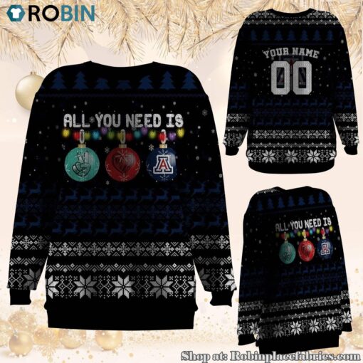NCAA All You Need Is Peace Love And Arizona Wildcats Ugly Christmas Sweatshirt, Sweater
