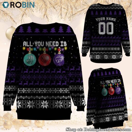 NCAA All You Need Is Peace Love And Kansas State Wildcats Ugly Christmas Sweatshirt, Sweater