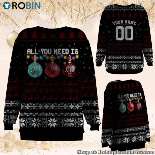 NCAA All You Need Is Peace Love And Texas A&M Aggies Ugly Christmas Sweatshirt, Sweater