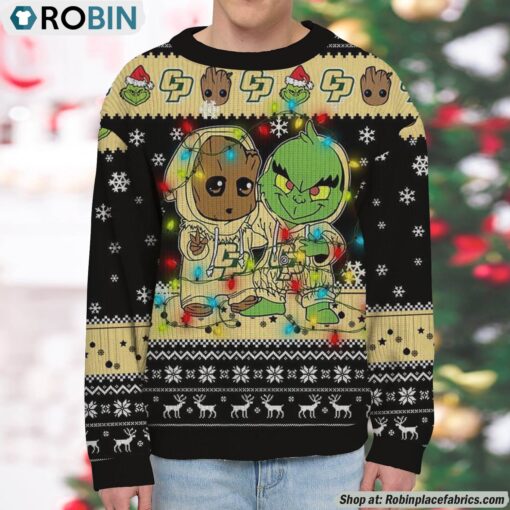NCAA Cal Poly Mustangs Baby Groot And Grinch Best Friends Ugly Christmas Sweatshirt & Sweater