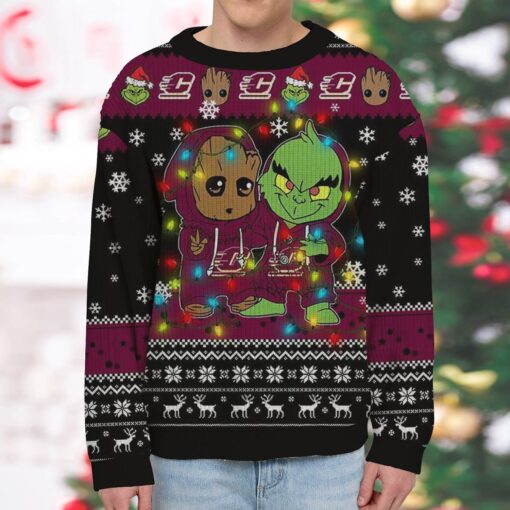 NCAA Central Michigan Chippewas Baby Groot And Grinch Best Friends Ugly Christmas Sweatshirt & Sweater