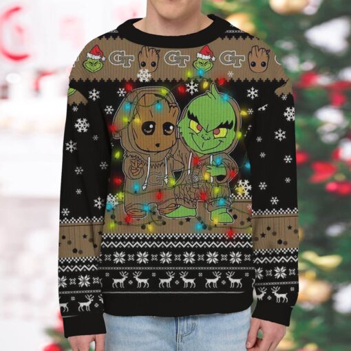NCAA Georgia Tech Yellow Jackets Baby Groot And Grinch Best Friends Ugly Christmas Sweatshirt & Sweater