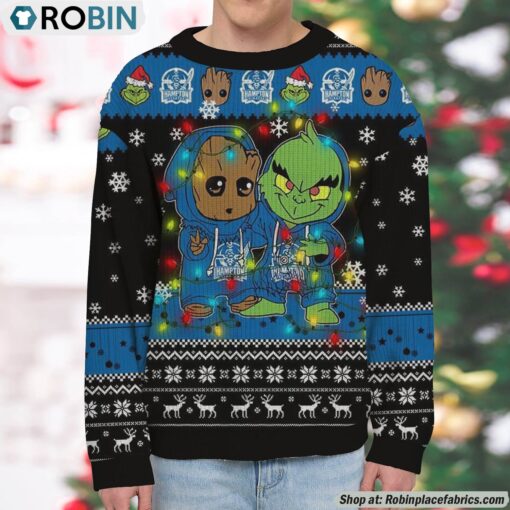 NCAA Hampton Pirates Baby Groot And Grinch Best Friends Ugly Christmas Sweatshirt & Sweater