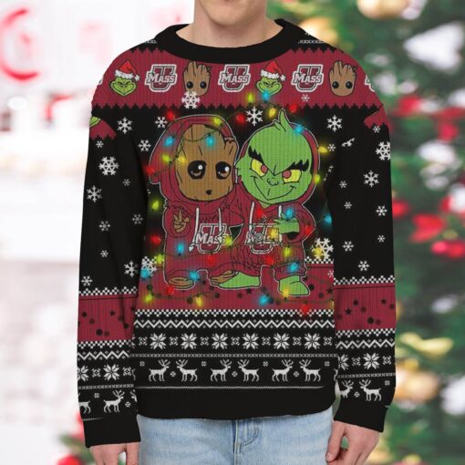 NCAA Massachusetts Minutemen Baby Groot And Grinch Best Friends Ugly Christmas Sweatshirt & Sweater