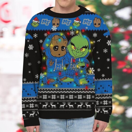 Middle Tenn. Blue Raiders Baby Groot And Grinch Best Friends Ugly Christmas Sweatshirt & Sweater