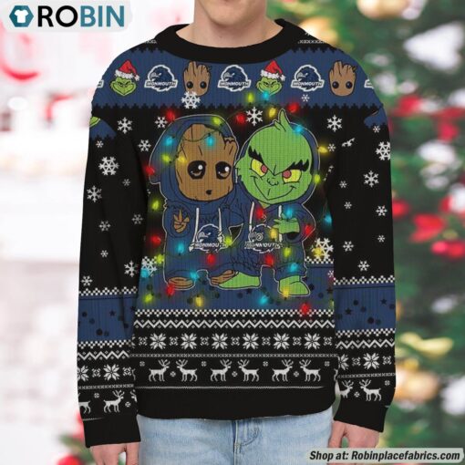 NCAA Monmouth Hawks Baby Groot And Grinch Best Friends Ugly Christmas Sweatshirt & Sweater