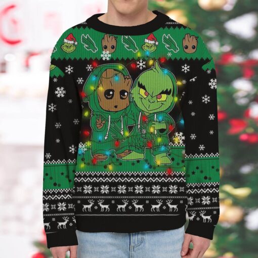 NCAA North Texas Mean Green Baby Groot And Grinch Best Friends Ugly Christmas Sweatshirt & Sweater
