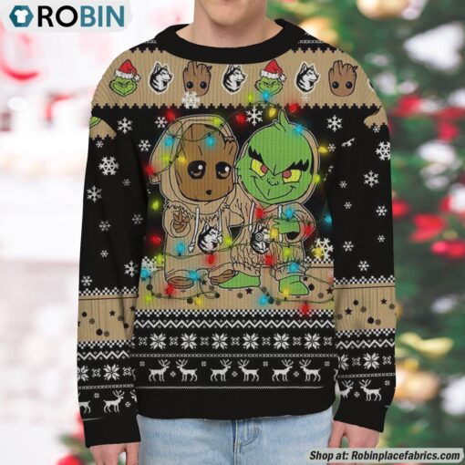 NCAA Northeastern Huskies Baby Groot And Grinch Best Friends Ugly Christmas Sweatshirt & Sweater