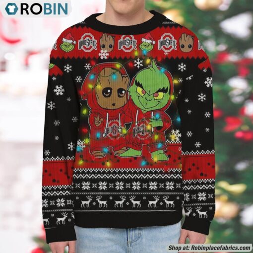 NCAA Ohio State Buckeyes Baby Groot And Grinch Best Friends Ugly Christmas Sweatshirt & Sweater