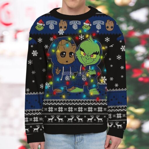 NCAA Queens University Royals Baby Groot And Grinch Best Friends Ugly Christmas Sweatshirt & Sweater