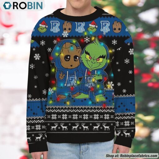 NCAA Rhode Island Rams Baby Groot And Grinch Best Friends Ugly Christmas Sweatshirt & Sweater