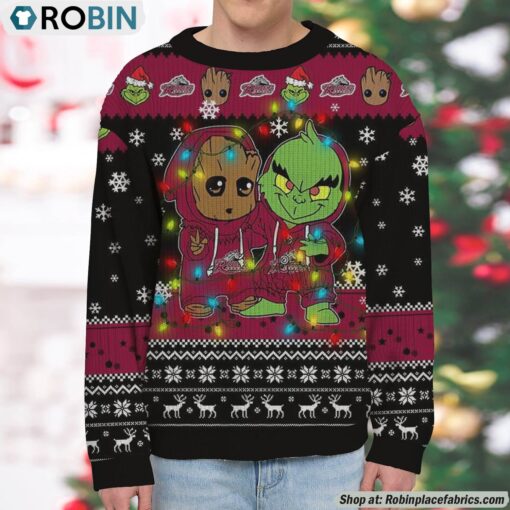 NCAA Rider Broncs Baby Groot And Grinch Best Friends Ugly Christmas Sweatshirt & Sweater
