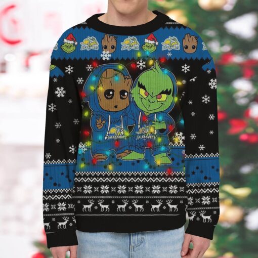 NCAA South Dakota State Jackrabbits Baby Groot And Grinch Best Friends Ugly Christmas Sweatshirt & Sweater