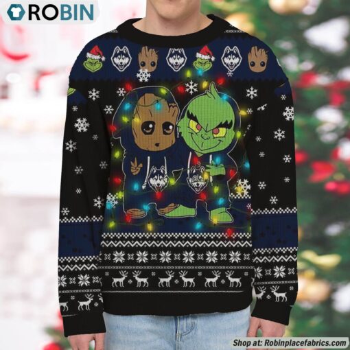 NCAA UConn Huskies Baby Groot And Grinch Best Friends Ugly Christmas Sweatshirt & Sweater