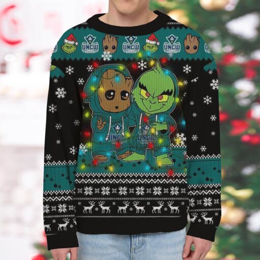 NCAA UNC-Wilmington Seahawks Baby Groot And Grinch Best Friends Ugly Christmas Sweatshirt & Sweater