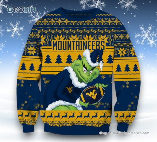 NCAA West Virginia Mountaineers Grinch Christmas Ugly Sweater and Sweatshirt