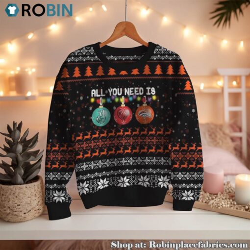 NFL All You Need Is Peace Love And Denver Broncos Ugly Christmas Sweatshirt, Sweater