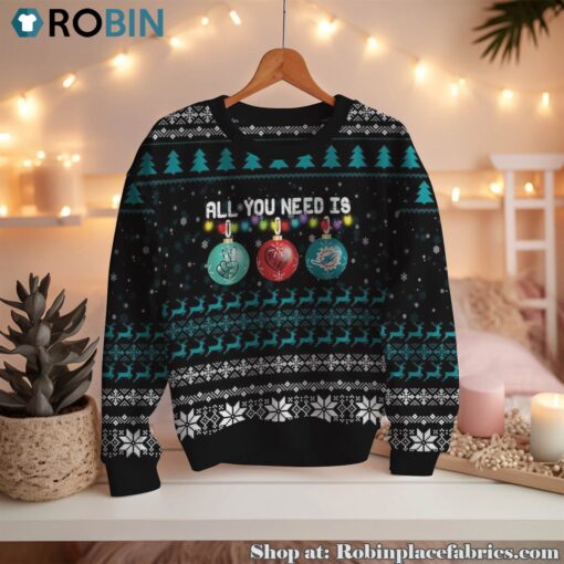 NFL All You Need Is Peace Love And Miami Dolphins Ugly Christmas Sweatshirt, Sweater