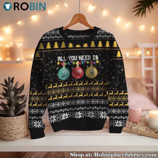 NFL All You Need Is Peace Love And Minnesota Vikings Ugly Christmas Sweatshirt, Sweater