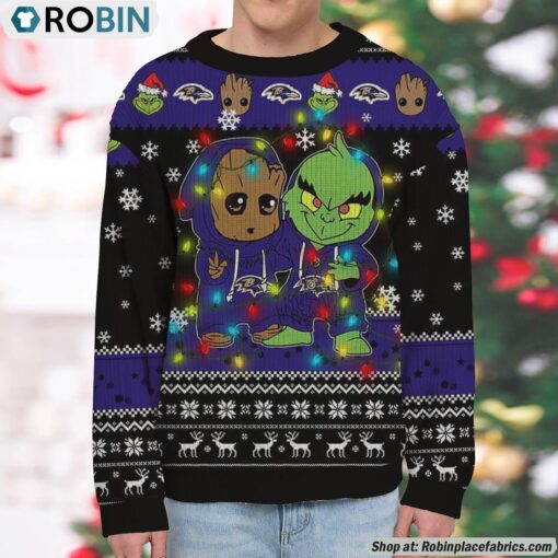 NFL Baltimore Ravens Baby Groot And Grinch Best Friends Ugly Christmas Sweatshirt & Sweater