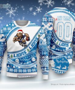 NFL Detroit Lions Mascot Woolen Custom Name Christmas Full Print Sweater and Sweatshirt