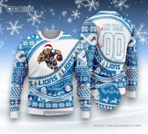 NFL Detroit Lions Mascot Woolen Custom Name Christmas Full Print Sweater and Sweatshirt