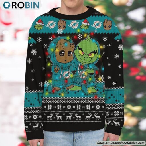 NFL Miami Dolphins Baby Groot And Grinch Best Friends Ugly Christmas Sweatshirt & Sweater