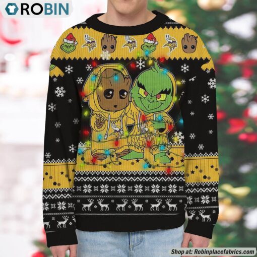 NFL Minnesota Vikings Baby Groot And Grinch Best Friends Ugly Christmas Sweatshirt & Sweater