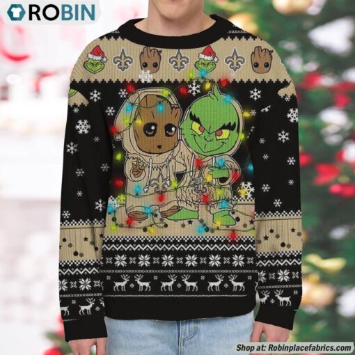 NFL New Orleans Saints Baby Groot And Grinch Best Friends Ugly Christmas Sweatshirt & Sweater