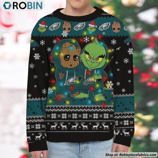 NFL Philadelphia Eagles Baby Groot And Grinch Best Friends Ugly Christmas Sweatshirt & Sweater