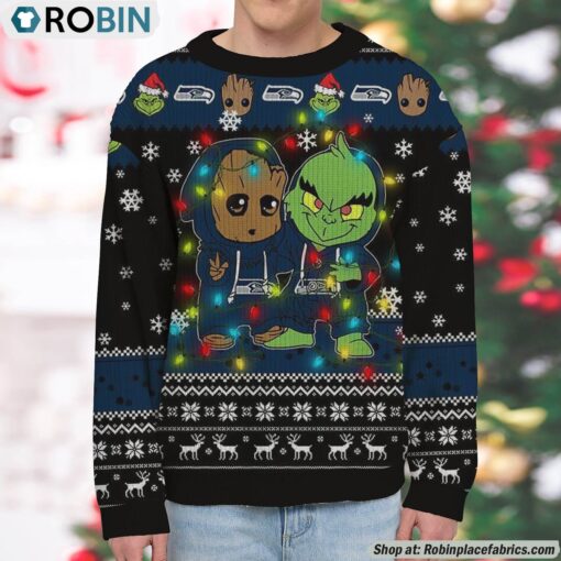 NFL Seattle Seahawks Baby Groot And Grinch Best Friends Ugly Christmas Sweatshirt & Sweater