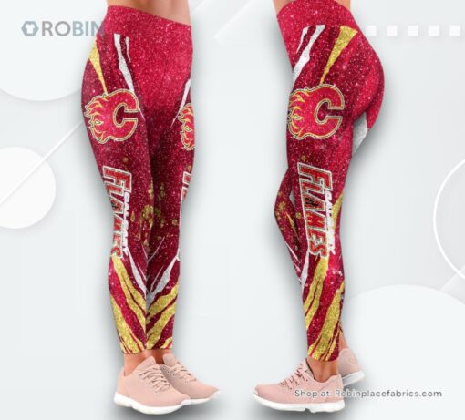 NHL Calgary Flames Flower High Waisted Leggings For Women, Flames Gear