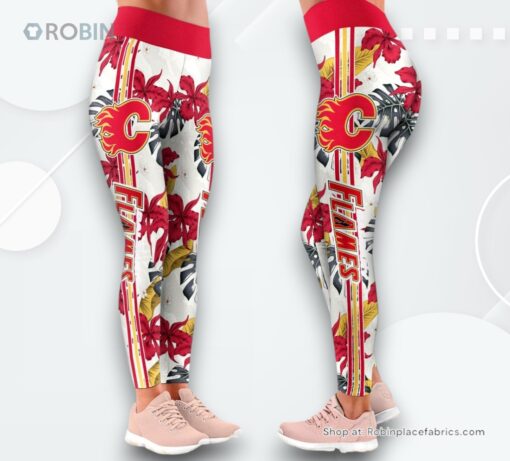 NHL Calgary Flames Flower Leggings For Women, Calgary Flames Gifts for Fans