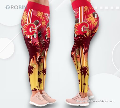NHL Calgary Flames Summer Flower High Waisted Leggings For Women, Flames Merchandise