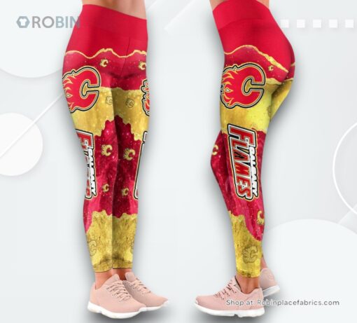 NHL Calgary Flames Summer Flower Leggings For Women, Calgary Flames Gifts