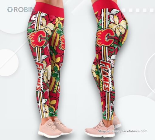 NHL Calgary Flames Summer Flower Pattern High Waisted Leggings For Women, Flames Merch