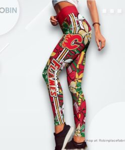 NHL Calgary Flames Summer Flower Pattern High Waisted Leggings For Women, Flames Merch NHL Calgary Flames Summer Flower Pattern High Waisted Leggings For Women, Flames Merch