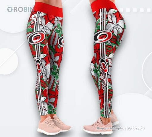 NHL Carolina Hurricanes Summer Flower Pattern High Waisted Leggings For Women, Carolina Hurricanes Team Gifts
